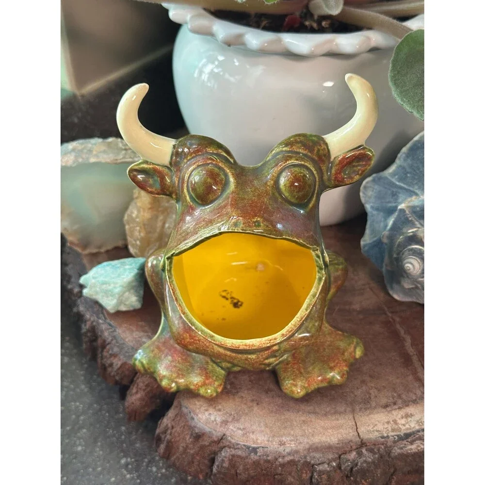Vintage Ceramic Bullfrog Sponge Holder Horned Frog Kitchen Sink Caddy 1970s Hand